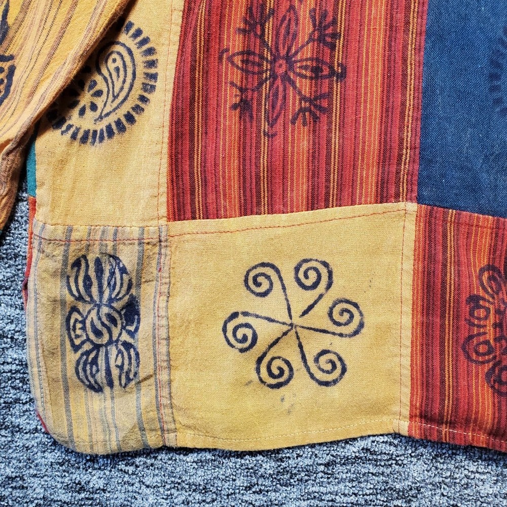 Handmade Nepalese Patchwork Block Print Tunic‎ Shirt Mens Large Blue Orange Boho - Picture 6 of 12